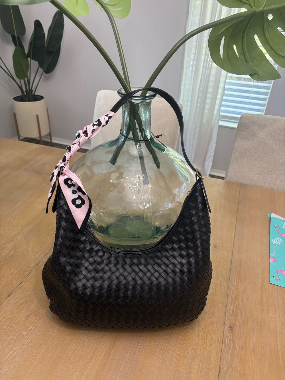 Woven Black Hobo Bag with Pink Scarf Accent